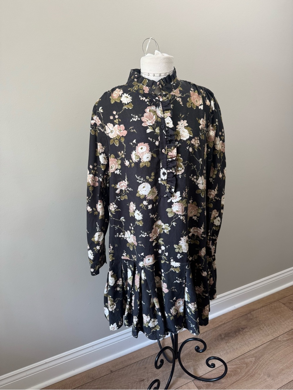 Tuckernuck Black Floral Long-Sleeve Ruffle Front Dress